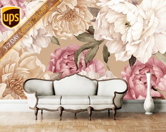 Peonies Wallpaper Living Room, Floral Wall Mural, Flowers Wall Girls Room, Pink Wallpaper Peony Peel & Stick, Modern Wall Art Peony KN808