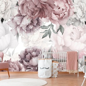 Pink Peony Wallpaper Nursery Girl Peel and Stick Floral Wallpaper Baby Nursery Peonies Wallpaper Girl Room Peony Flowers Wallpaper Bedroom