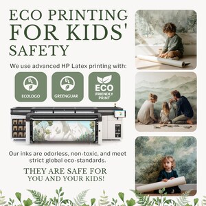 The image is an advertisement for eco printing for kids' safety, featuring a printer, a child, and a collage of images.