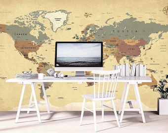 World Map Wallpaper Removable - English World Map - Wallpaper for Kids - Self Adhesive Wallpaper -  Large World Map Wall Mural Nursery  WP88