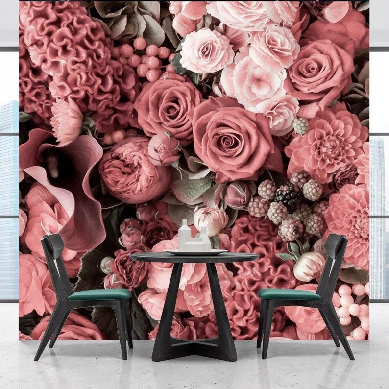 Rose Flowers Wallpaper. Floral Wallpaper Removable. Roses Watercolor Mural. Peel & Stick. Flower Wallpaper. KM38 imagen 2