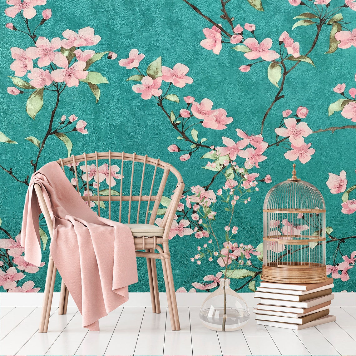 Pink Flower Wallpaper Floral Wall Decor Spring Bloom Wallpaper Etsy
