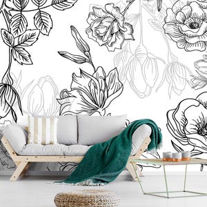 Floral Wallpaper Black and White /  Self Adhesive Wallpaper / Flowers Wall Mural / Watercolor Wallpaper / Floral Wallpaper Removable Z115