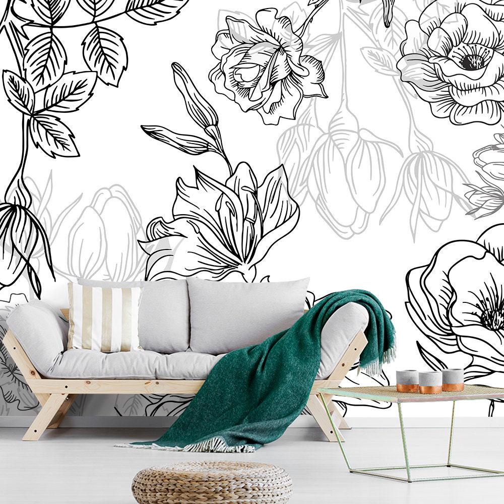 Floral Wallpaper Black and White /  Self Adhesive Wallpaper / Flowers Wall Mural / Watercolor Wallpaper / Floral Wallpaper Removable Z115