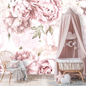 Pink Peony Wallpaper Nursery, Floral Wall Mural Girl Bedroom Peel and Stick Peonies Wall Decor Girls Room Pastel Flowers Wall Paper Princess