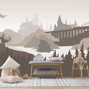 Castle Wallpaper Mural Nursery, Wizard Castle Boys Wall Paper Peel and Stick, Woodland Wall Mural Kids, Brown Wizard's Castle Magic Forest