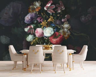 Dark Floral Wallpaper. Oil Painting Flowers Wallpaper. Removable Mural. Watercolor Wallpaper. Botanical Wallpaper for Bedroom