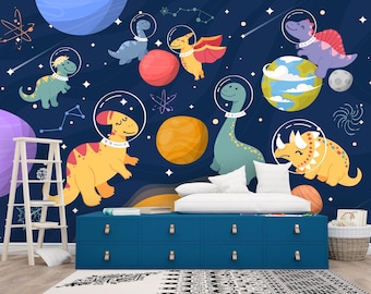 Dinosaur, Space Wallpaper Nursery. Planet, Dino Wall Mural Kids. Blue Outer Space Accent Mural, Cute Fantasy Wall Decor, Universe Wall Paper