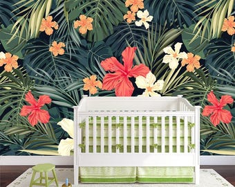Floral Wallpaper - Tropical Wallpaper - Wallpaper Murals - Peel and Stick Wallpaper - Eco Friendly Materials - Watercolor Wallpaper WP3