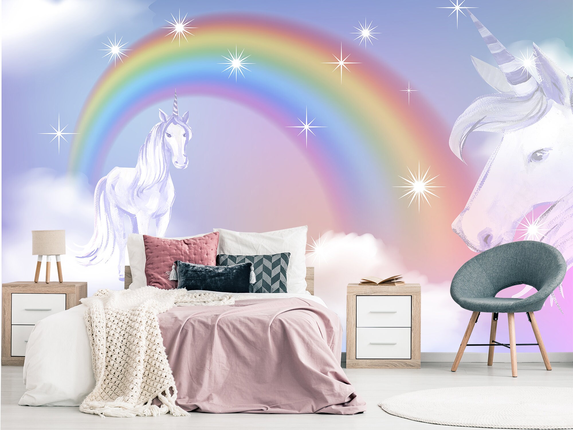 Unicorn Wallpaper Removable Kids. Unicorn Wall Mural Purple | Etsy