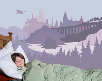 Castle Wallpaper Kids Room Peel and Stick Wizard's Castle Wall Mural Removable Woodland Wallpaper Mural Purple Pine Tree Wall Decor Magical