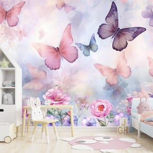 Butterfly Wallpaper Girls Room Removable, Floral Wall Paper Nursery, Flower Wall Mural Baby Girl Nursery Peel and Stick Butterfly Wall Decor