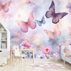 Butterfly Wallpaper Girls Room Removable, Floral Wall Paper Nursery, Flower Wall Mural Baby Girl Nursery Peel and Stick Butterfly Wall Decor
