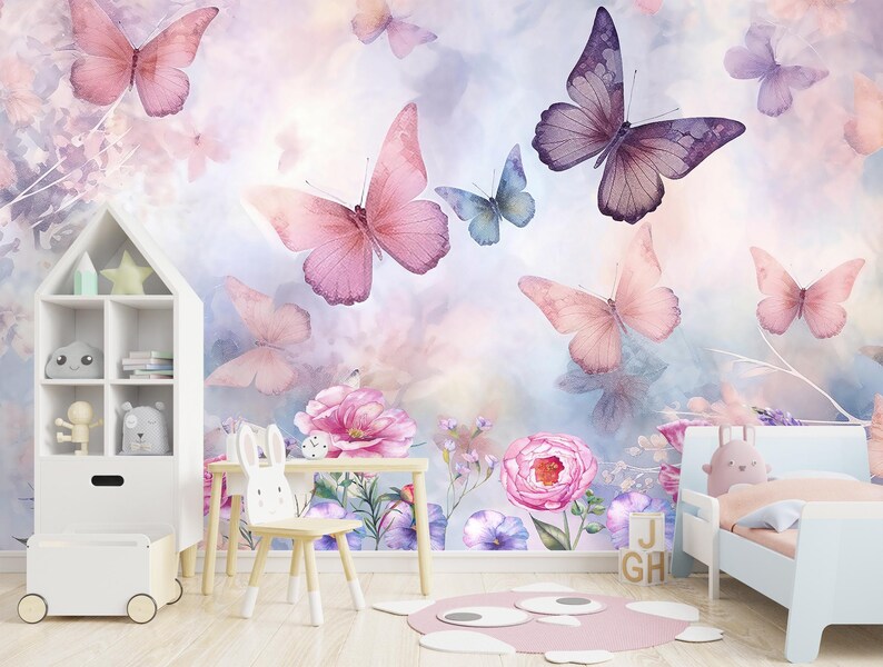 Butterfly Wallpaper Girls Room Removable, Floral Wall Paper Nursery ...