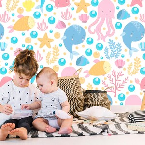 Dolphin Wall Art. Removable Wallpaper for Nursery. Peel & Stick. Octopus Wallpaper. Kids Room. Nautical Wallpaper. Wall Mural For Kids KM473