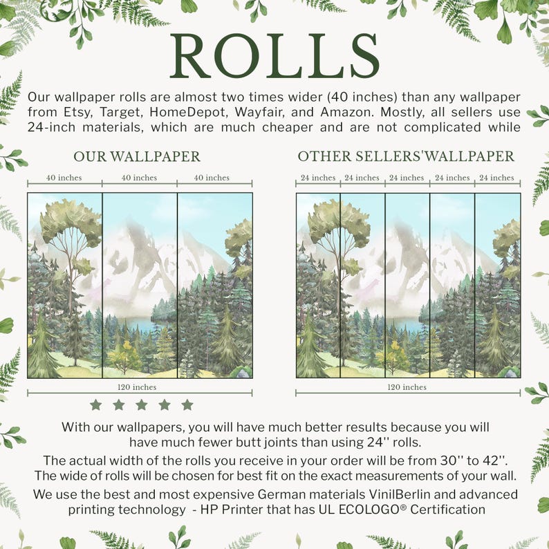 The image is a collage of two images depicting a forest scene with mountains in the background. The images are framed with a border of leaves and are labeled as "Our Wallpaper" and "Other Sellers' Wallpaper".