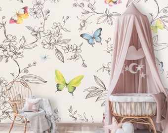 Butterfly Wallpaper for Kid. Floral Wall Decor Flower Wallpaper for Girl Nursery Self Adhesive Wallpaper. Removable Wallpaper for Kids