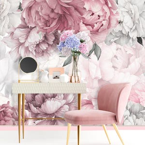 Peony Wallpaper for Beauty Salon Removable, Floral Spa Salon Wall Mural, Peonies Wallpaper Non Woven, Pink Flowers Wallpape Bedroom KM629
