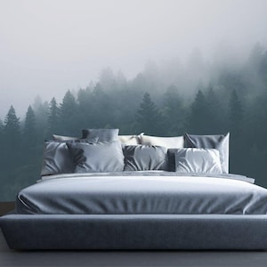 Foggy Forest Wallpaper. Watercolor Nature Wallpaper. Landscape Wall Art. Removable Wallpaper. Forest Eco Friendly Wall Decor KM14 image 1
