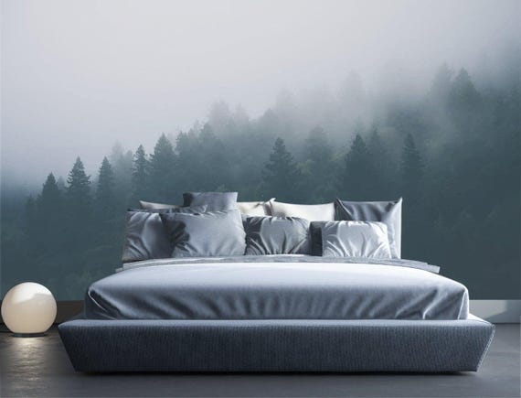 Foggy Forest Wallpaper. Watercolor Nature Wallpaper. Landscape Wall Art. Removable Wallpaper. Forest Eco Friendly Wall Decor KM14