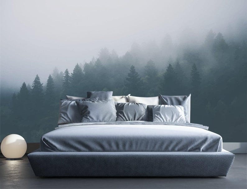 Foggy Forest Wallpaper. Watercolor Nature Wallpaper. Landscape Wall Art. Removable Wallpaper. Forest Eco Friendly Wall Decor KM14 image 1