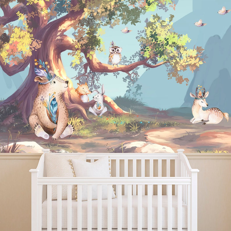 Woodland Animal Wallpaper Kids Mountain Wallpaper Peel & | Etsy
