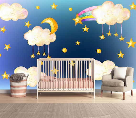 Blue Moon And Star Wallpaper Night Sky Moon And Stars Nursery