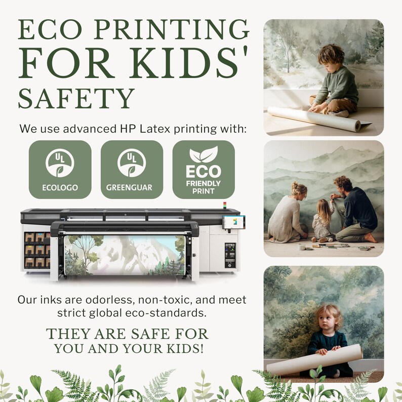 The image is an advertisement for eco printing for kids' safety, featuring a printer, a child, and a collage of images.