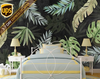 Tropical Leaves Wallpaper Removable -  Banana Leaf Wallpaper Non Woven - Dark Watercolor Wallpaper - Monstera Leaves Wall Mural Jungle KM778