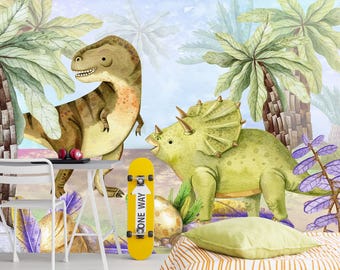 Dinosaur Wallpaper Kids Room, Large T-Rex Wallpaper Green Peel and Stick, Jurassic World Wallpaper Nursery, Cute Dino Wall Mural Boy Bedroom