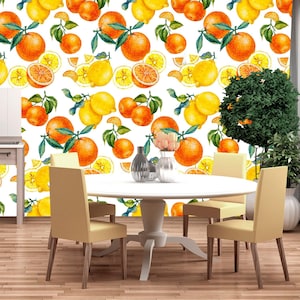 Lemon Wallpaper  for KitchenRemovable, Fruit Wall Mural Self-Adhesive, Orange Wallpaper Yellow,  Exotic Wall decor  Non Woven KM454