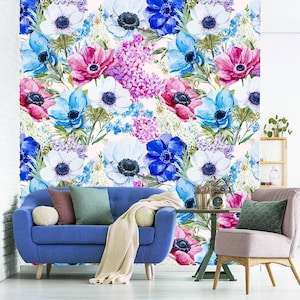 Poppy Flower Wallpaper Removable. Modern Floral Wallpaper Mural Self Adhesive. Poppies Wall Art Peel & Stick.  Bright Botanical Wallpaper
