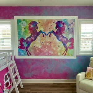 Unicorn Wallpaper Twins Room. Custom Name Wall Mural Girls Bedroom Self Adhesive Rainbow Wallpaper Girls Room Accent Wall for Sisters KM448 image 4