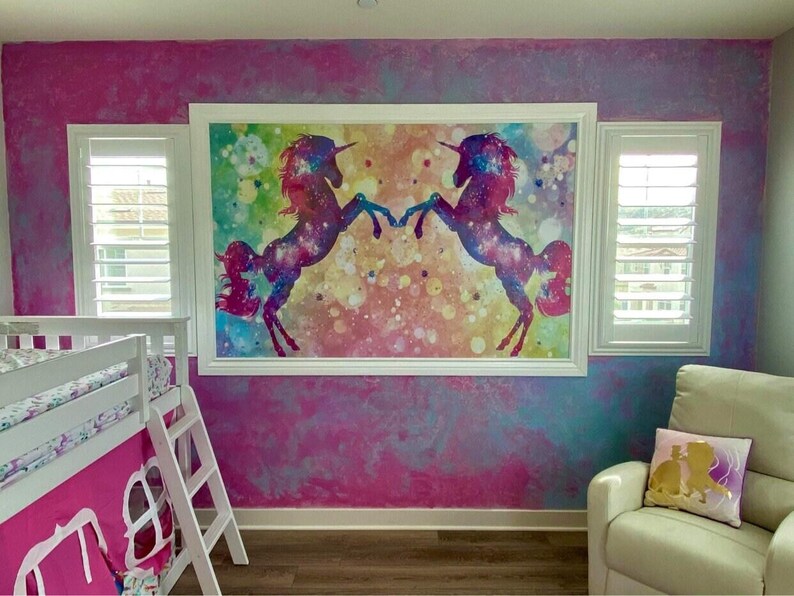 Unicorn Wallpaper Twins Room. Custom Name Wall Mural Girls Bedroom Self Adhesive Rainbow Wallpaper Girls Room Accent Wall for Sisters KM448 image 4