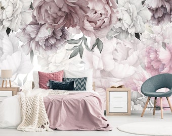 Peonies Wallpaper Bedroom Removable, Floral Wallpaper Peonies, Flowers Wallpaper Girl Room, Self-Adhesive Wallpaper Pink Peony Living Room