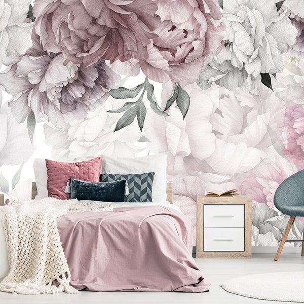 Peonies Wallpaper Bedroom Removable, Floral Wallpaper Peonies, Flowers Wallpaper Girl Room, Self-Adhesive Wallpaper Pink Peony Living Room