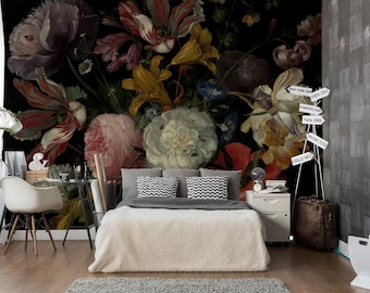 Dark Modern Floral Wallpaper. Oil Painting Flowers Wallpaper. Removable Mural. Watercolor Wallpaper. Eco Wallpaper for Bedroom KM56