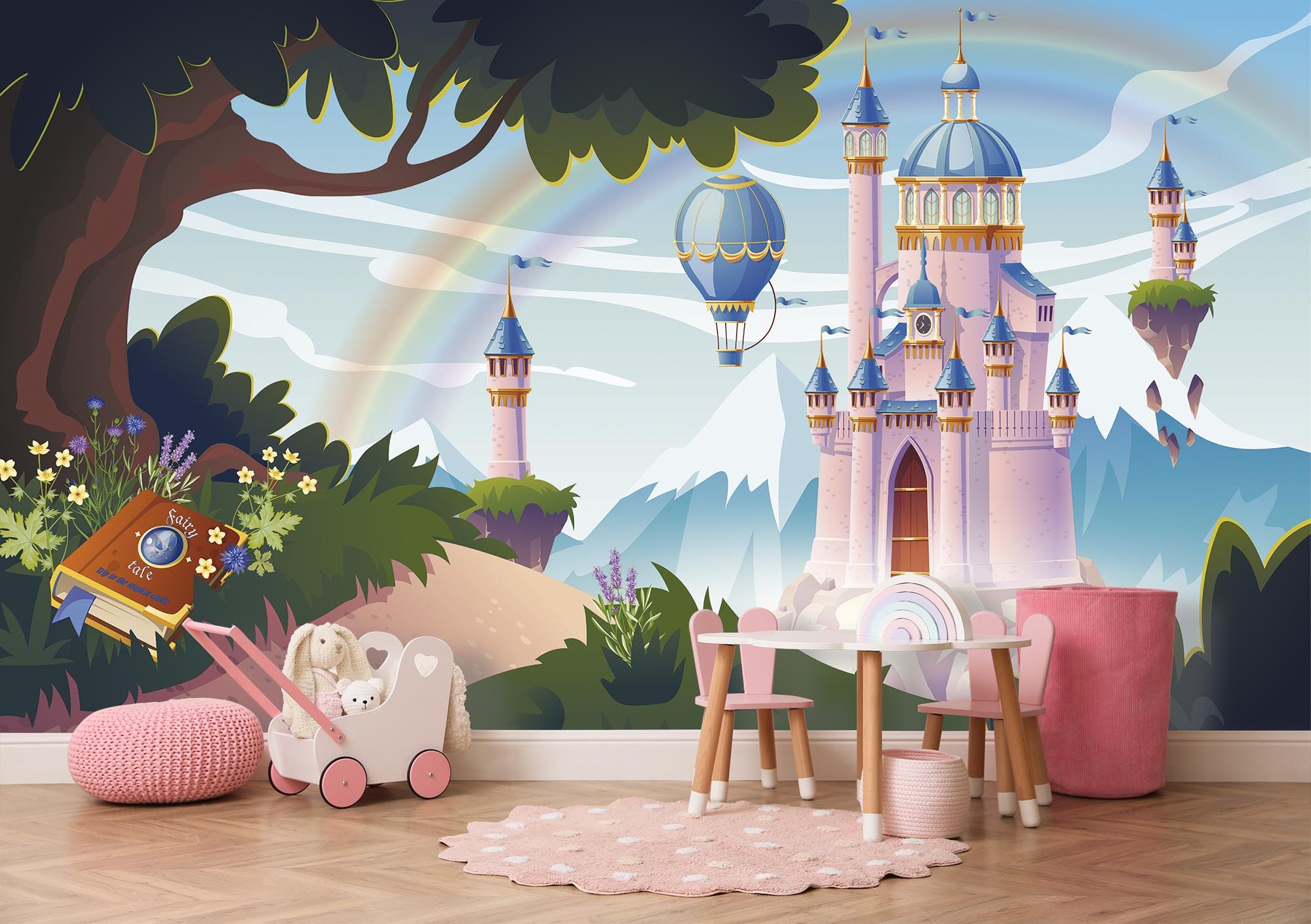 Pink Princesses Castle Wallpaper for Girls Room. Wizard Wall Mural for ...
