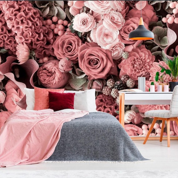 Rose Flowers Wallpaper. Floral Wallpaper Removable. Roses Watercolor Mural. Peel & Stick. Flower Wallpaper. KM38