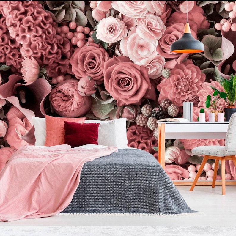 Rose Flowers Wallpaper. Floral Wallpaper Removable. Roses Watercolor Mural. Peel & Stick. Flower Wallpaper. KM38 imagen 1