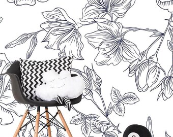 Floral Wallpaper - Blue and White Flower Pattern Wallpaper - Non Woven Wallpaper - Watercolor Wallpaper - Self Adhesive Wallpaper WP9