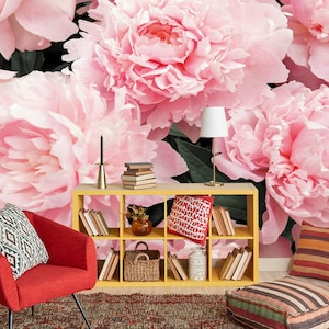 Dark Floral Wallpaper Girls Room Removable / Peonies Wall Mural Bedroom Non Woven /  Flower Wallpaper Self Adhesive / Peony Wall Art KN756