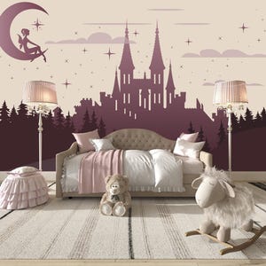 Fairy Castle Wallpaper Mural, Princess Castle Wall Mural Girls Room, Moon Stars Wall Paper Kids Removable, Purple Wizard's Castle Wall Decor