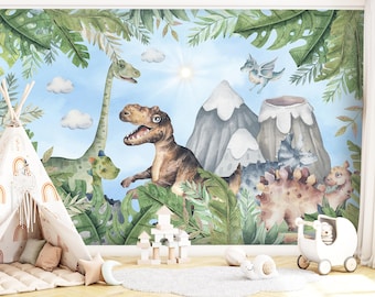 Dinosaur Wallpaper Removable Kids Room, Mountains Wallpaper Nursery, Jurassic World Wall Mural Peel and Stick, Trex, Tropical Wall Decor