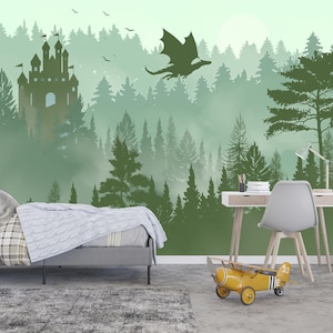 Dragon Castle Wallpaper Mural Kids Room, Fantasy Wall Mural Nursery Peel and Stick, Green Woodland Wallpaper, Magical Forest Boys Room Decor