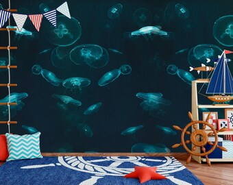 Jellyfish Wallpaper Removable. Blue Nautical Pattern Wall Decor Self-Adheseve. Sea Wall Mural Kids Peel & Stick Dark Modern Wall Art Nursery
