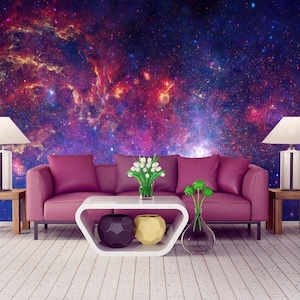 Purple Cosmic Wallpaper. Galaxy Accent Wallpaper Any Room. Outer Space Wall Mural Removable. Universe Nursery Decor Self Adhesive KM450