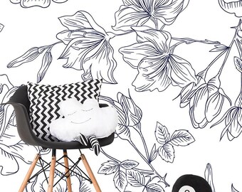 Floral Wallpaper - Blue and White Flower Pattern Wallpaper - Non Woven Wallpaper - Watercolor Wallpaper - Self Adhesive Wallpaper WP9