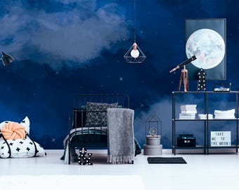 Night Sky Wallpaper Removable,  Dark Space Nursery Decor, Blue Galaxy Wall Mural Self-Adhesive, Clouds Wall Art, Starry Night Sky Wallpaper