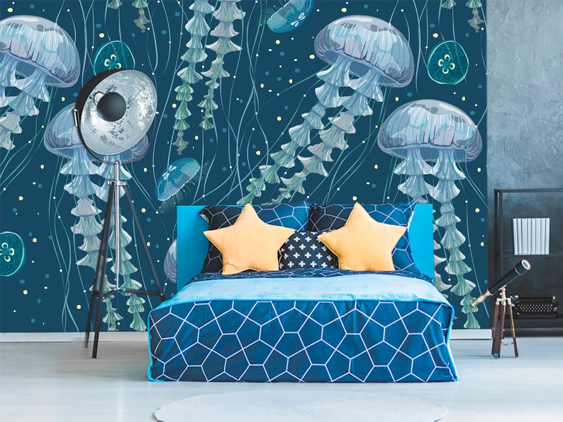 Jellyfish Wallpaper Nursery. Nautical Pattern Accent Wall Etsy